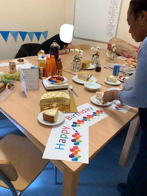 NPSLDN_BeckAP's tweet photo. Birthday celebration for a resident. He kindly brought some drinks and snacks for fellow residents to enjoy. Staff provided cake, a card and some decor to make the day special. The resident was so grateful to staff which makes this job so worth it. #EnablingEnvironment https://t.co/C1EETnSLHH