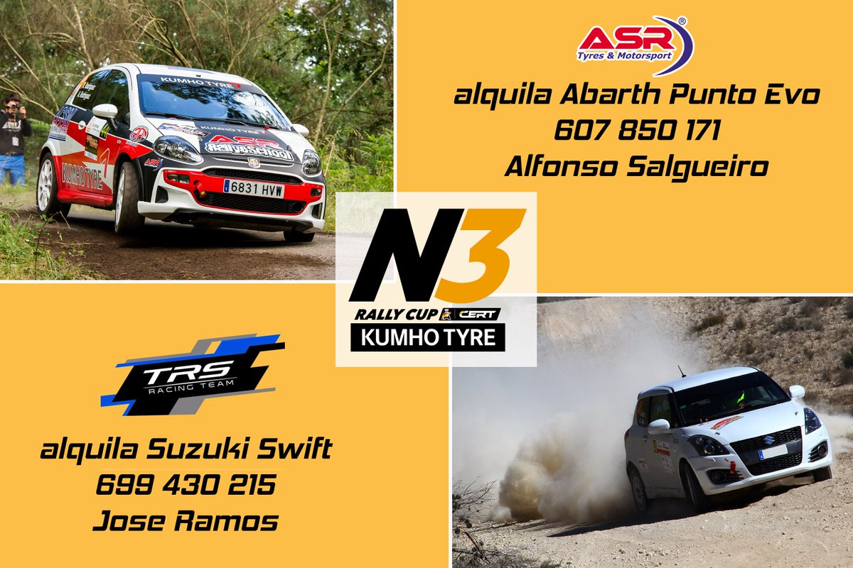‼️ ¿Quieres competir dentro de la N3 Rally Cup y no sabes como? ‼️

Puedes consultar precios y disponibilidad en:
🚗 ASR - Abarth Grande Punto EVO - Tfn: 607 850 171 - Alfonso
🚗 TRT Rallye Team - Suzuki Swift - Tfn: 699 430 215 - José <a href="/Rallyesdetierra/">#CERT</a> @EscSierraMorena #CERT