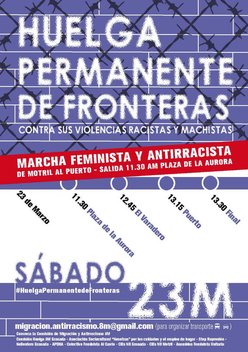 feministesbcn's tweet photo. #HuelgaPermanenteDeFronteras contra el patriarcado y su violencia sexual. Contra el colonialismo y su violencia racial. Feminismo antirracista contra el capital. 23 Marzo, Motril https://t.co/7H4K4NOHII