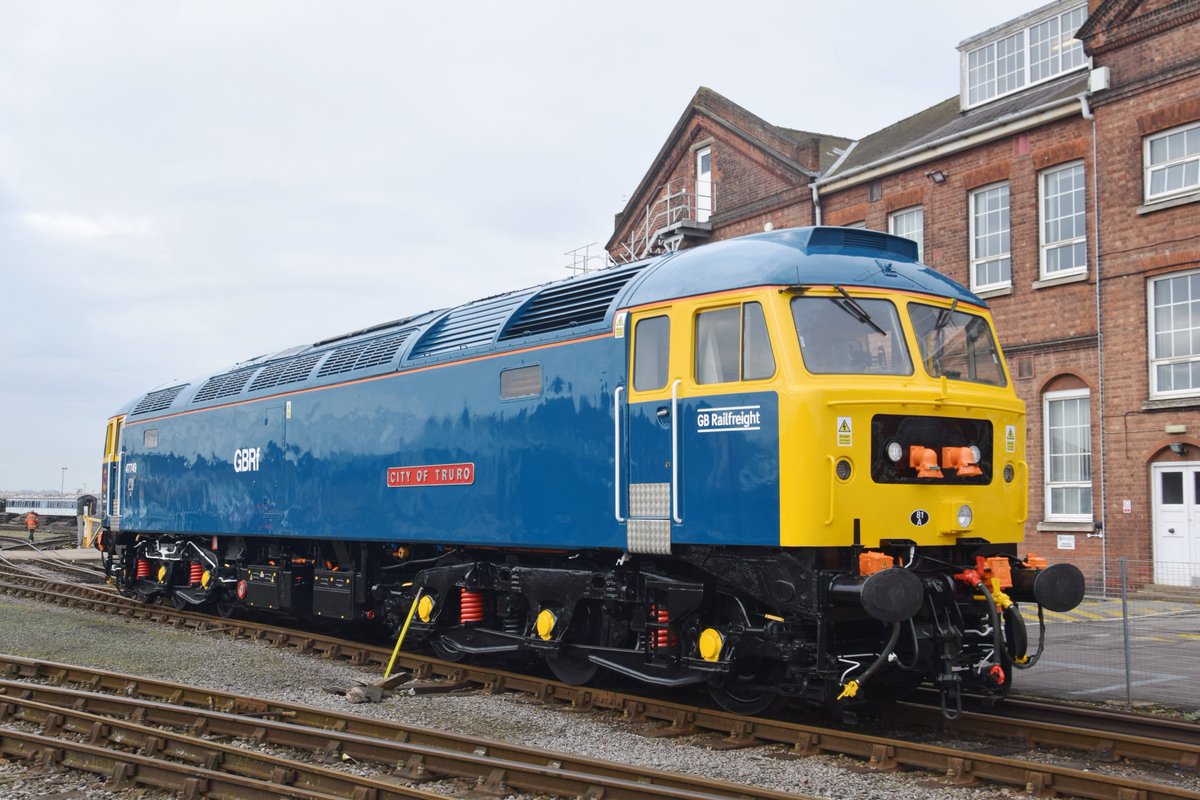 GBRailfreight's tweet photo. Today marks the special unveiling of our two newly repainted Class 47 Locomotives, 47 739 &amp; 47 749 "City of Truro". Repainted by Arlington Fleet Services at Eastleigh, these locos will be moved to Leicester where they will be based specially for GBRf Rail Services. https://t.co/R87WrKPfB5