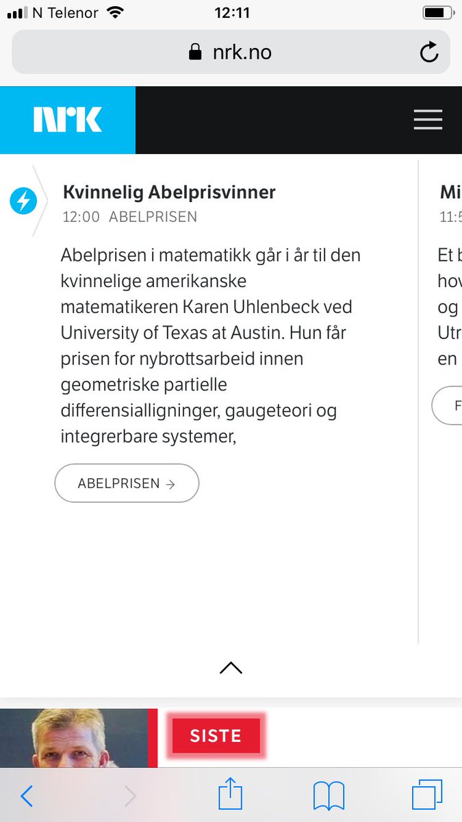 NRK radio kl 12 melder at den kvinnelige matematikeren Karen Uhlenbeck er den første kvinnen til å vinne Abelprisen. Det var vel litt vel gammeldags smør på flesk?
Nuvel - gratulerer til Uhlenbeck som sannsynligvis i tillegg til å være kvinne har begått fantastisk matematikk
