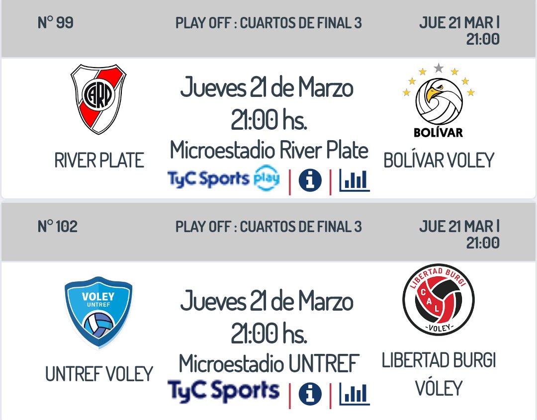 #LVA 2017/19 #PlayOff || Este jueves puede haber definiciones: <a href="/BolivarVoley/">Bolívar Voley</a> y <a href="/LibertadBurgi/">Libertad Burgi Voley</a> podrían meterse en semifinales, pero <a href="/RiverVoley/">River Plate Voley</a> y <a href="/untrefvoley/">UNTREF Vóley</a> serán locales e intentarán estirar las series 👊