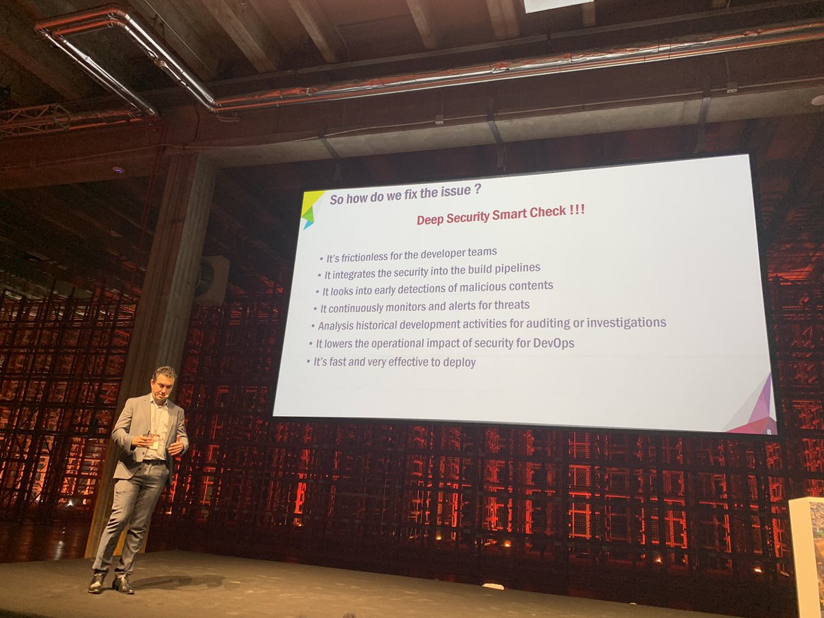 SecurityInfoITA's tweet photo. #TMCyberConference Jesus Escolar,  @VirtualBlackCat @Exelerys offre una soluzione “Deep Security Smart Check”, 7 regole d’oro per i #DevOps! .@TrendMicroItaly https://t.co/yCKhp5Za4Y
