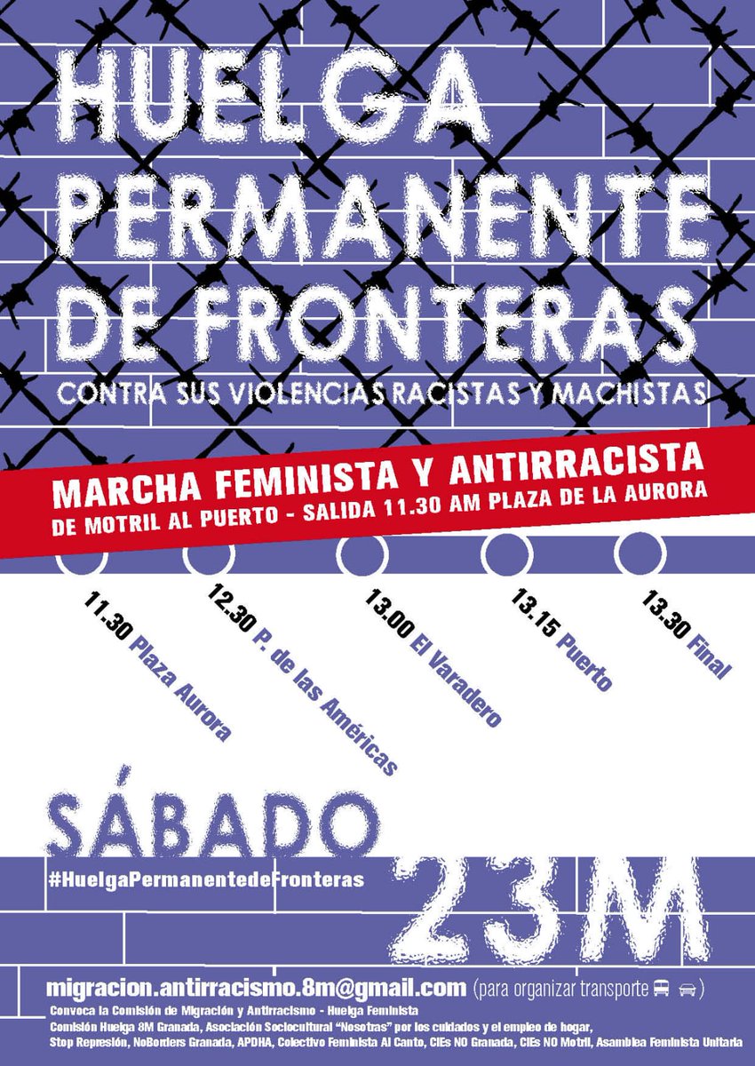 elizabethrc6's tweet photo. #HuelgaFeminista #HuelgaPermanenteDeFronteras 
Exigimos el cierre de los Centros de Internamientos de Extranjeros CIES
Basta de encarcelar a personas que no han cometido ningún delito.
Ninguna Persona es Ilegal
Huelga permanente de Fronteras
Marcha Feminista y Antirracista
 23 M https://t.co/m0L0jgGBxc