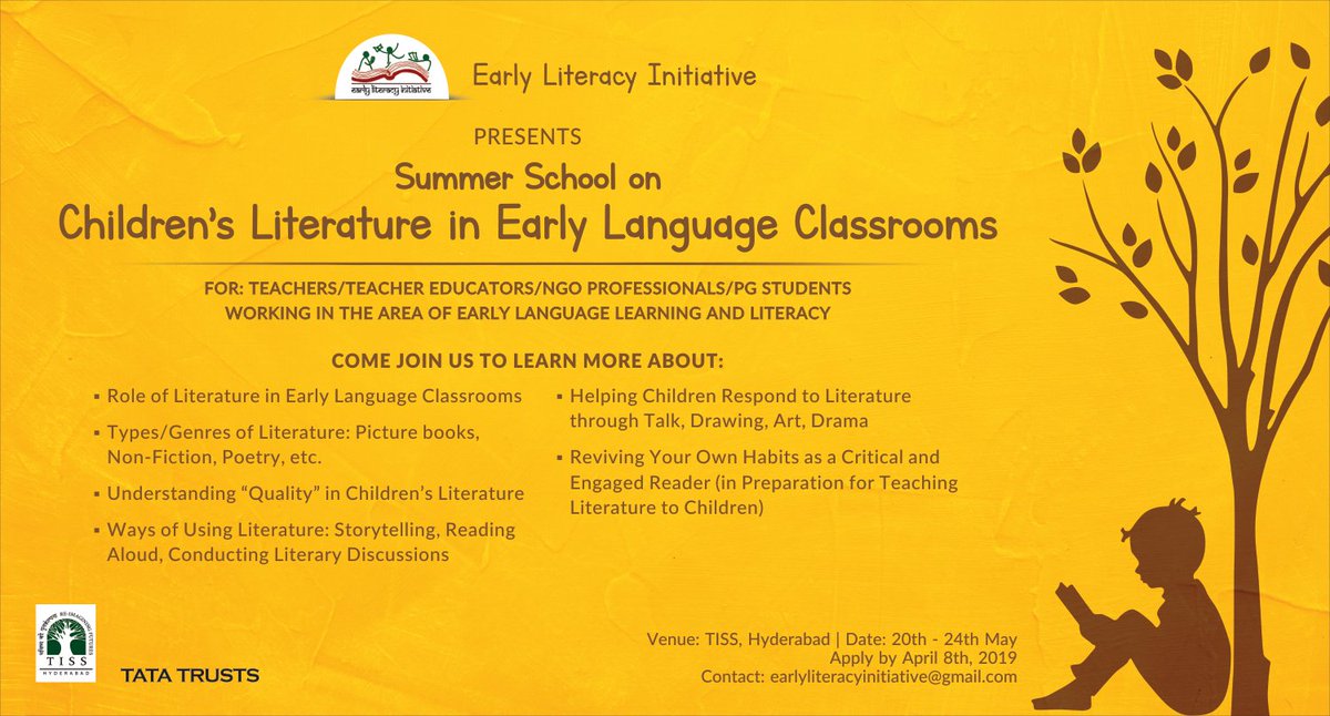 EarlyLiteracyIN's tweet photo. ELI is hosting a five day long Summer School on Children’s Literature in Early Language Classrooms, between 20th-24th May, 2019.Further details and links to the application form are provided in the Concept Note at https://t.co/uuum04ulrU 
Last date to apply is April 8th, 2019. https://t.co/c9CXw5NY2G