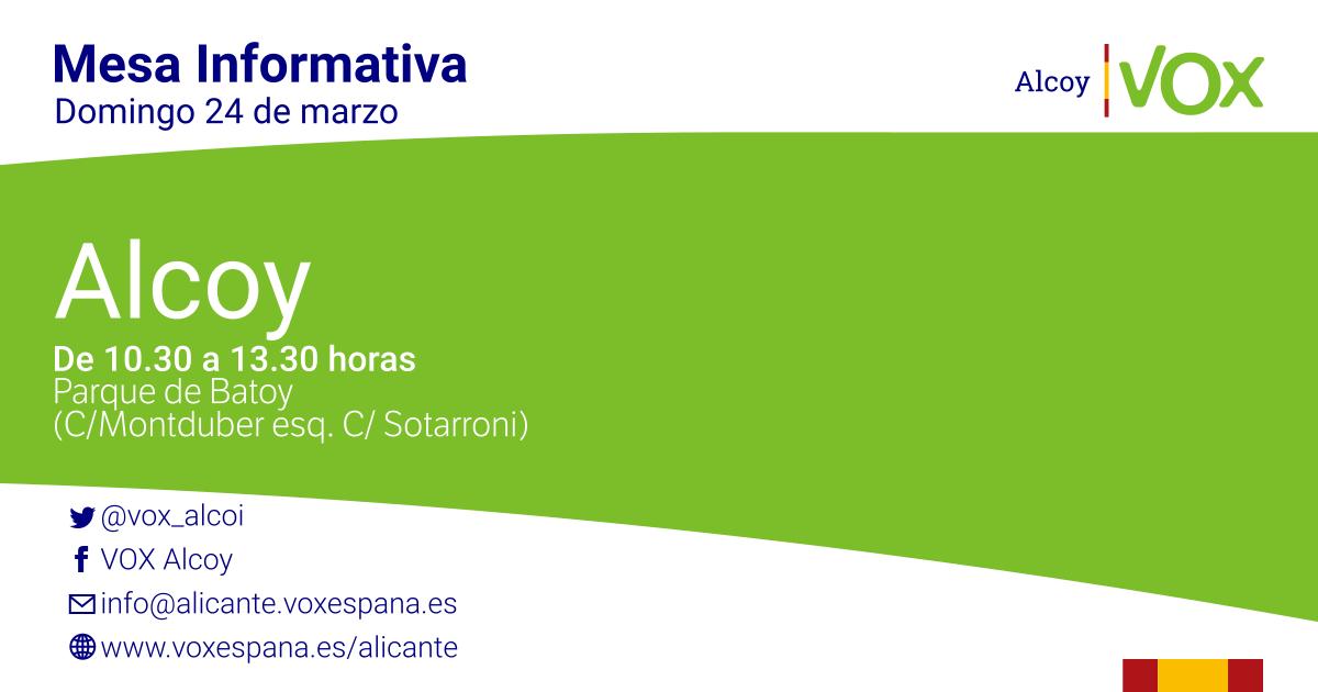 vox_alcoi's tweet photo. 📢 Mesa informativa de #VOX #Alcoy el:
🗓 Domingo #24marzo
⌚ 10.30 a 13.30h
📍 Parque de #Batoy - Carrer Montduber
¡VEN A CONOCER la #EspañaViva !
#VOXAvanzaEnAlicante
#VoxAvanzaEnAlcoy
#VoxAlcoy
#Alcoy #Alcoi https://t.co/Kv7HahY6Xs