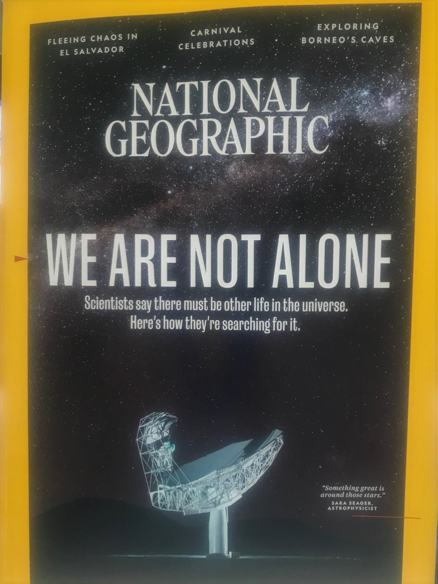 ScienceSpinning's tweet photo. We are not alone, according to March issue of National Geographic. Scientists say there must be other life in the universe, and they outline how they are searching for it. 
Looking forward to reading this issue #ETLife #SETI https://t.co/xvIVEd8Kfh