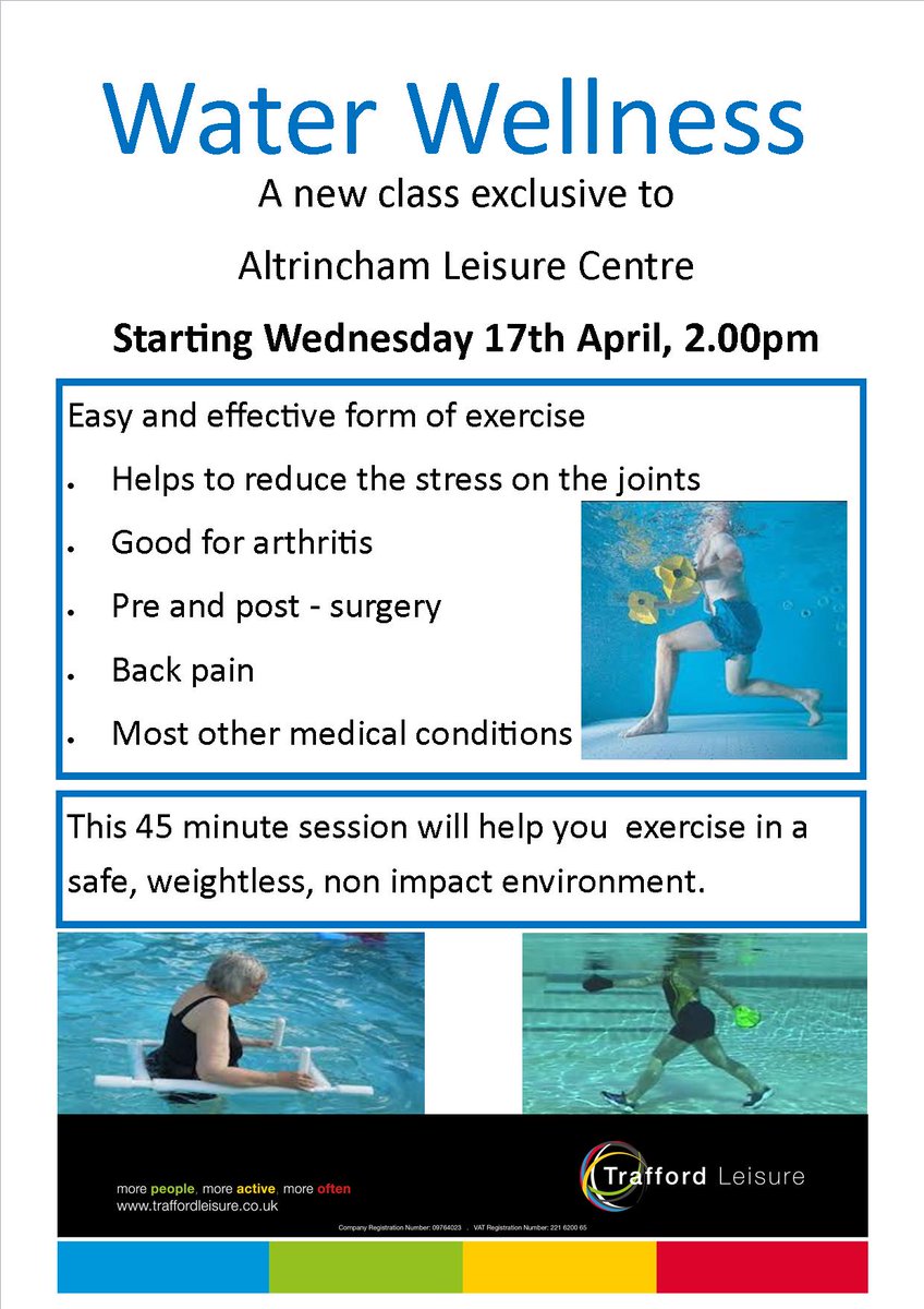 Great new class starting in April exclusive to <a href="/AltrinchamLC/">Altrincham Leisure</a> 
WATER WELLNESS will help you exercise in a weightless, low impact environment. Will include water walking, stretching and controlled movement. 
Come along and give it a try. <a href="/Traffordleisure/">Trafford Leisure</a>