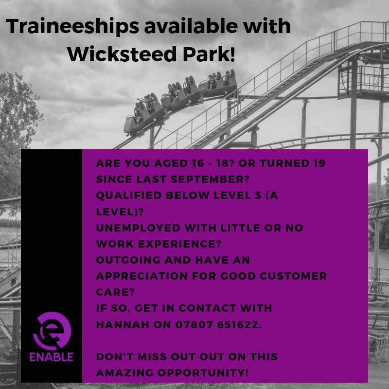 NorthantsTM's tweet photo. @EnableNotts have new Traineeships available! This is an opportunity to get work exp at Wicksteed before their next recruitment round!

If you fit the criteria below, or know someone who does, get in contact with Hannah by phone at 07807 651622 or email at hannah@enable.uk.net. https://t.co/Df8zMBrvML