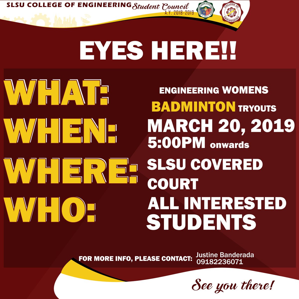SLSUCEnSC's tweet photo. Want to be a part of the College of Engineering Women's badminton Team?

It's your time to shine!

See photo for details.

For more information, please contact:
Justine Banderada (09182236071)

See you there! https://t.co/fyC5J0RRvZ