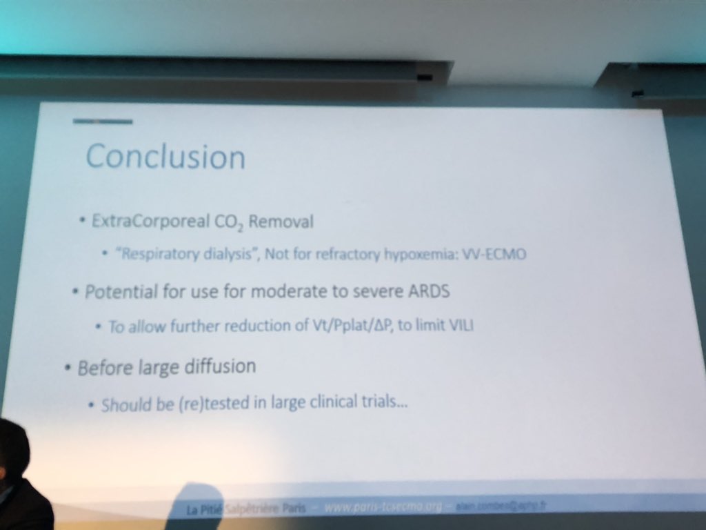 #ECCO2R might enhance ultraprotective ventilation in moderate to severe #ARDS, further decreasing TV (4-5ml/kg), Pplat, Driving pressure and respiratory rate, thereby decreasing the power applied to the lung, while avoiding hypercapnia and acidosis. #ISICEM19 #combes