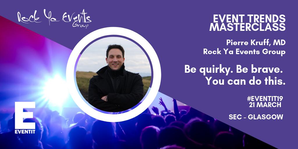 "Be quirky. Be Brave. You can do this" 

Join us at #EventIt19 on 21st March with Pierre Kruff from @RockYaEvents as he discusses creating events which reward all your senses.

Register now for our masterclass on Event Trends 👇
bit.ly/EventIt_Regist…