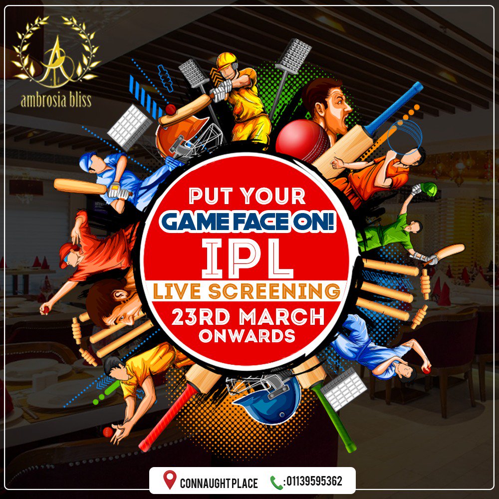 Ambrosiabliss1's tweet photo. Our Champions are all geared up for the big leagues and so are we! Are you?  
#AmbrosiaBliss #ConnaughtPlace #CentralDelhi #Delhi #IPL #cricket #IPLFever #cricketfever #livescreening https://t.co/sfftdN43pl