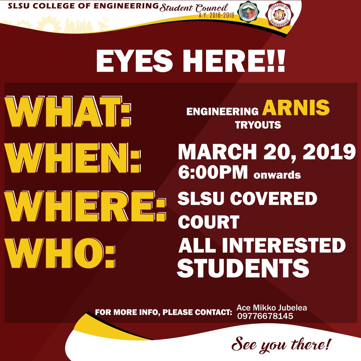 SLSUCEnSC's tweet photo. Want to be a part of the College of Engineering Arnis Team?

It's your time to shine!

See photo for details.

For more information, please contact:
Ace Mikko Jubelea (09776678145)

See you there! https://t.co/qTVp4n9g7h