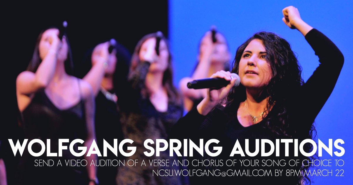 Wolfgang A Cappella is having spring *video* auditions!! Send a video of you singing a verse and a chorus from a song of your choice to ncsu.wolfgang@gmail.com by March 22nd at 8pm :))

Check out our Facebook page for more information regarding callbacks 🎶🎵