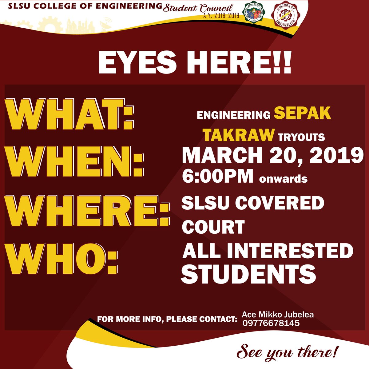 SLSUCEnSC's tweet photo. Want to be a part of the College of Engineering Sepak Takraw Team?

It's your time to shine!

See photo for details.

For more information, please contact:
Ace Mikko Jubelea (09776678145)

See you there! https://t.co/HhDfcVhoE0