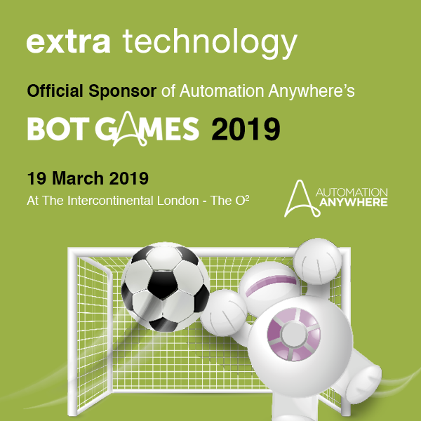 extratechnology's tweet photo. The Bot Games kick-off today. Hurry to the InterContinental London, The O2 and join in the fun.
#BotGames #BotWars #BotIQ #BotDesign #BotSupport #ExtraTechnology #AutomationAnywhere #RPA #BotGamesLondon .@AutomationAnywh https://t.co/8chdp7v4kt