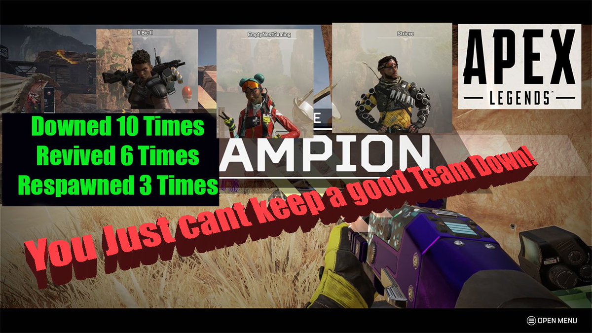gaming_empty's tweet image. Knocked down 10 Times
Revived 6 Times
Re-Spawned 3 Times
Persistence Pays Off!  You can't keep a good team down!
New Video up today!  Check out my YouTube Channel!
youtube.com/channel/UCf0lg…

#ApexLegends #Videogame #Elgatogaming #emptynestgaming #gamingwithourkids #YouTube #Xbox