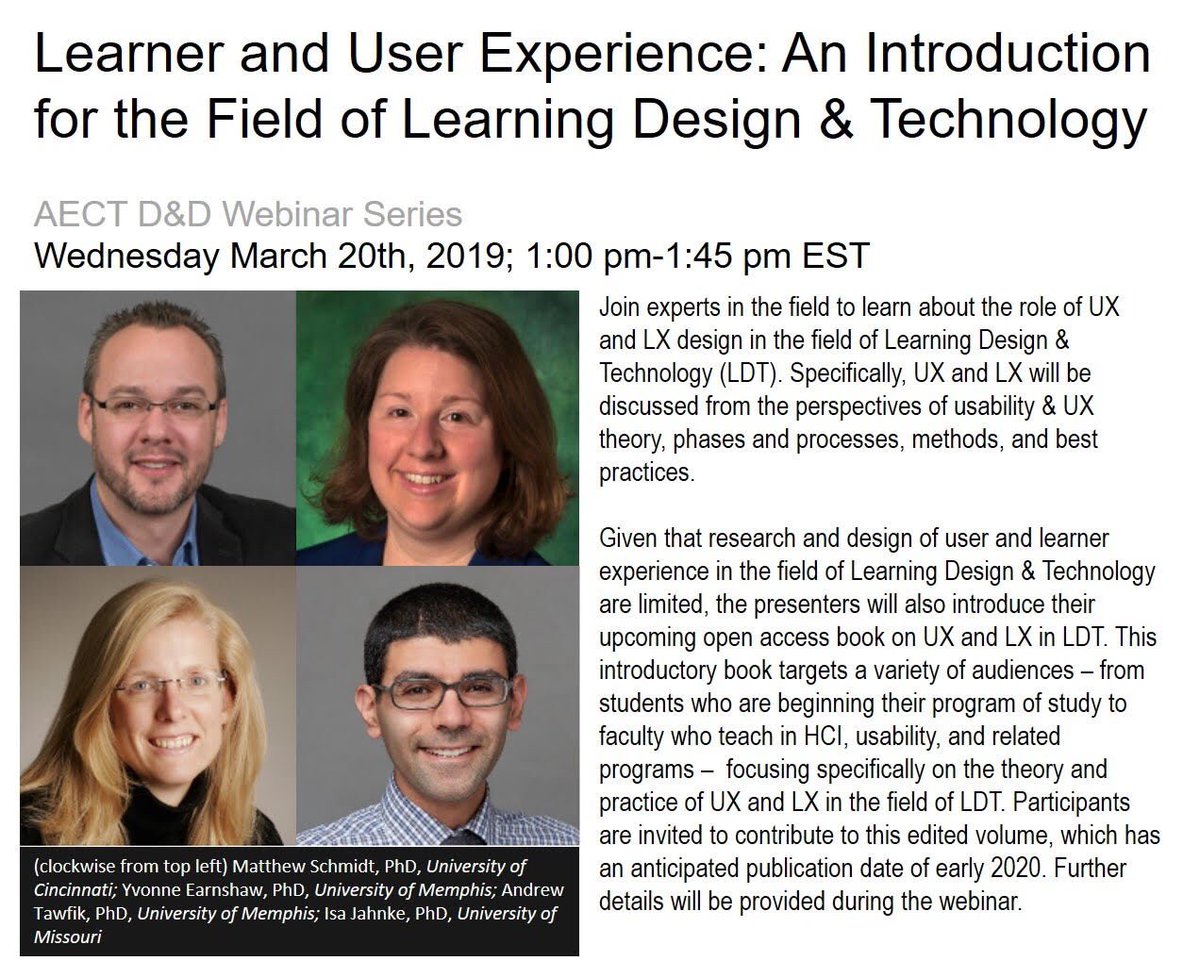 AlchemyLeads's tweet photo. RT @aectdddivision: TOMORROW! "Learner & User Experience: An Intro for the Field of IDT." Wed., March 20, 2019, 1:00 - 1:45 PM EST. Join URL https://t.co/AdT0mHgBxo GoogleDoc https://t.co/jLP5YBjJqh @matt_m_schmidt @andrewatawfik @IsaJa #UX #ID #usere… https://t.co/lxn6CGnNSb