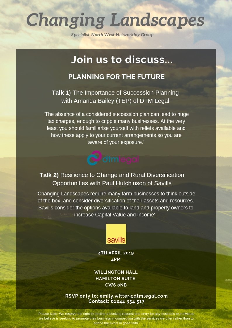 <a href="/harperlandmgt/">Land Management</a> 

We are holding an event at Willington Hall next month on Succession Planning and Diversification. 

If you'd like to attend, please email: emily.witter@dtmlegal.com

Please find more information attached or visit our website > bit.ly/DTMLegalEventR…