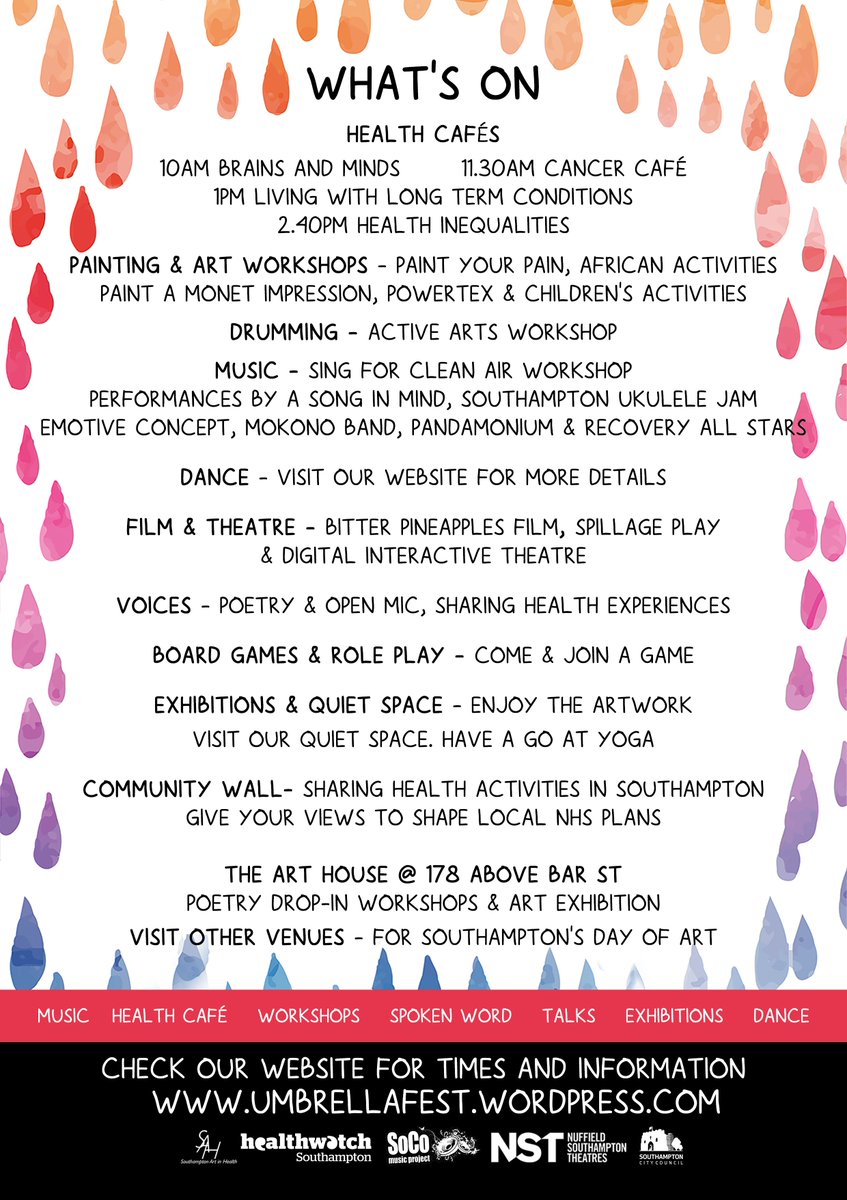 HWSouthampton's tweet photo. This Saturday we'll be taking over @NSTheatres and Guildhall Square with @UmbrellaFest19, a FREE event dedicated to Arts, Health and Wellbeing!
More - https://t.co/zeIdFVhd85 https://t.co/DmBNdWfV6U
