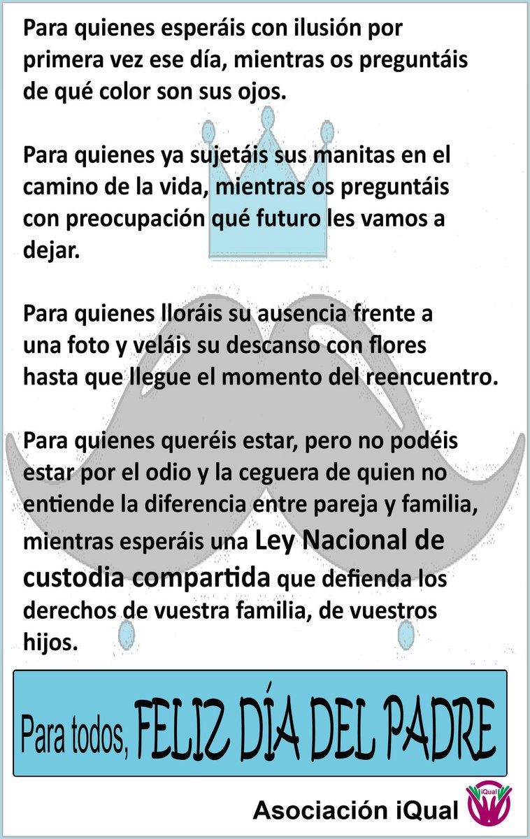 iqualreport's tweet photo. Por una #LeyNacionaldeCustodiaCompartida
#FelizDiaDelPadre 
#diadelpadre 
#19marzo 
#Pásalo https://t.co/qOUm5isx3m