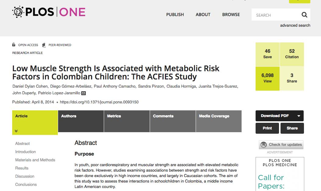 La presencia de factores de riesgo metabólicos se asocia, desde edades tempranas, con bajos niveles de fuerza. Lo invito a leer los detalles en este artículo que publicamos en <a href="/PLOSONE/">PLOS One</a> #OpenAccess ow.ly/D5Fs50nuIGO