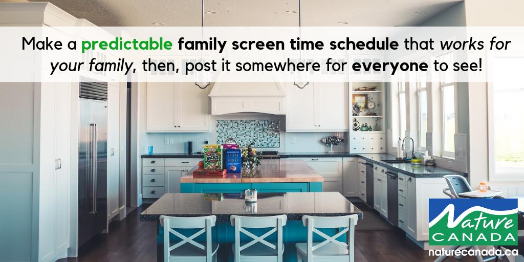 NatureCanada's tweet photo. 👨‍👨‍👧 Make a predictable family screen schedule that works for your family, then, post it to your fridge for everyone to see! Designate specific slots for screen time (e.g 30 minutes after school, Saturday mornings), then follow it! https://t.co/Z6orrCNw8J #ScreenVsGreen https://t.co/IGAb4ZOrmv