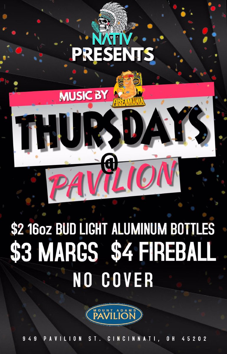 iamNATIV's tweet photo. Cheap beer and friends! Come out to Pavilion for NATIV Thursdays for $2 beer, $3 margs, &amp; $4 fireball 👀 https://t.co/TrHDE6Gkux