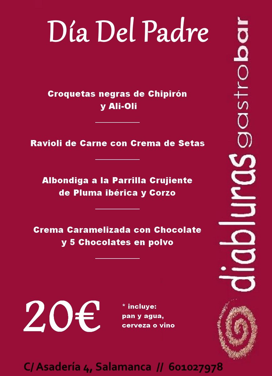 DiablurasGastro's tweet photo. ‼️Feliz #DíaDelPadre‼️  🤗

Ven a celebrar este día tan especial en Diabluras Gastrobar #Salamanca disfrutando de este delicioso menú: https://t.co/fFe5K88j2x