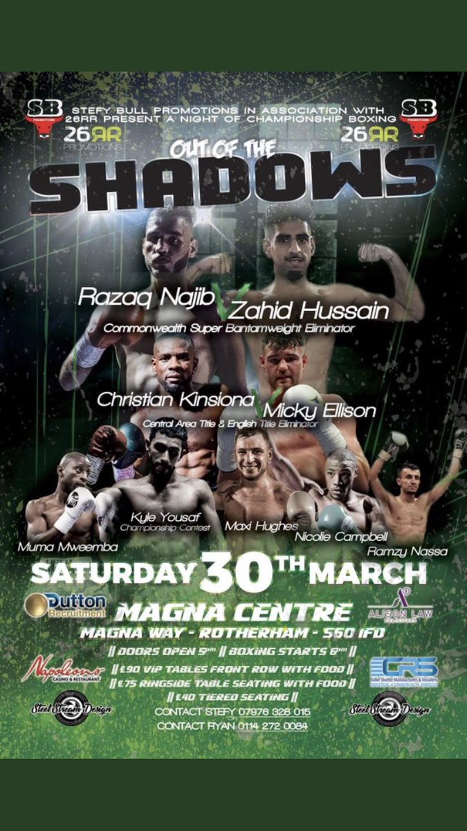 30th March a great event my self and <a href="/StefyBull/">Stefy Bull</a> are putting on <a href="/MagnaScience/">Magna Science Adventure Centre</a> 2 great championships fights @RazaqNajib v Zahid Hussain <a href="/Christiankinsi2/">Chris kinsiona#OTB</a> v Micky Ellison 🥊 also on the card <a href="/KYgoldenkid/">Kyle Yousaf</a> <a href="/BOXERMAXIHUGHES/">Maxi Hughes</a> <a href="/NicolieCampbell/">Nicolie Campbell</a> @uniqueshafiq #26RR