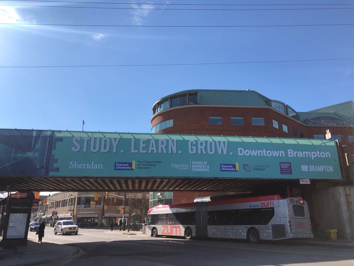 Cybersecure_CA's tweet photo. Check out the new bridge banners in @BramptonDowntwn! We’re proud to work in partnership with the City of Brampton, helping to grow the learning opportunities available in the city. #Study #Learn #Grow #Cybersecure https://t.co/jyc91DIbIH