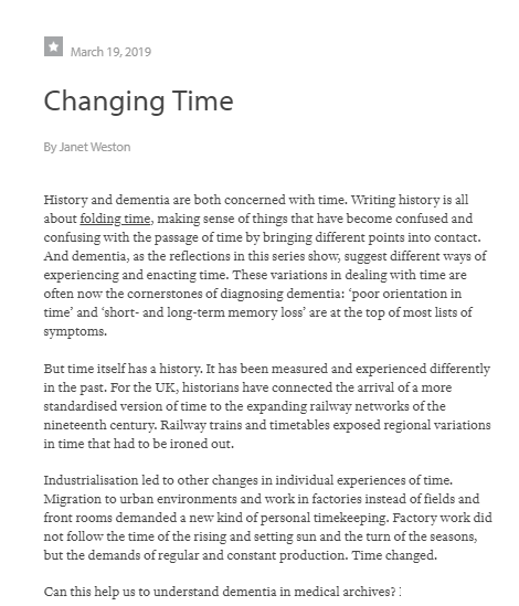 Janet Weston dives into medical archives to explore how time changes in her contribution to the Thinking with Dementia series 'Changing Time' on @somatosphere : somatosphere.net/2019/03/changi… #storydementia eds @Krikrau J. Pols @Annelie3ssen @eyatesd