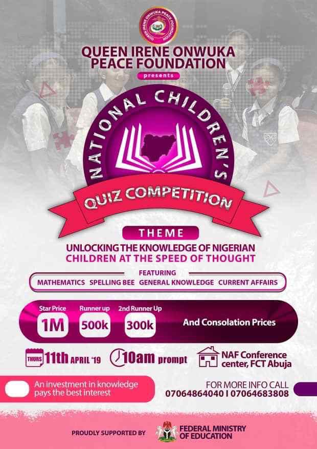 QiopFoundation's tweet photo. Nigeria Are you ready!!!

QUEEN IRENE ONWUKA PEACE FOUNDATION (QIOP) presents...

 NATIONAL CHILDREN'S QUIZ COMPETITION

#NationalChildrenQuizCompetition
#QiopFoundation
#GivingHopeToEveryChild
#IreneOnwuka
#peace
#love
#children
#women
#happy https://t.co/9yWfFN8TrV