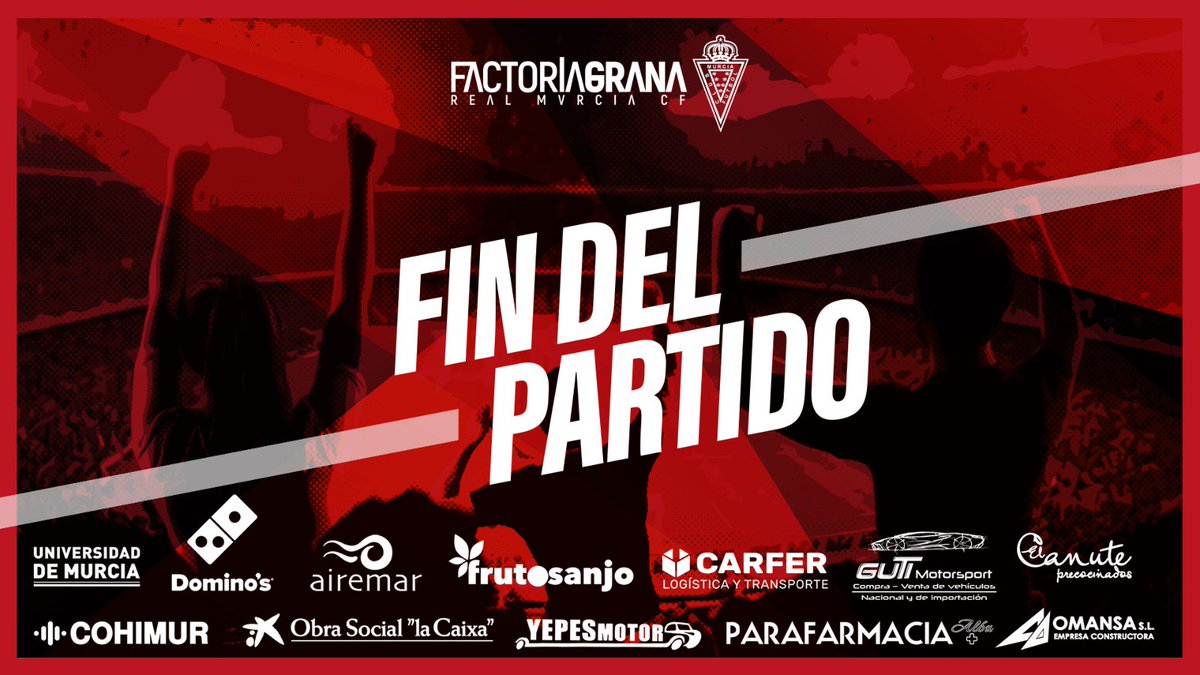 realmurciacfsad's tweet photo. |FACTORÍA GRANA| Min. 94 | ¡FINAL! ¡FINAL! ¡FINAL DEL PARTIDO! +3 importantísimos del Imperial con un golazo de Víctor Meseguer.
@fclaunionatl 0-1 Imperial 
⭐ Equipo patrocinado por @Grupo_Carfer https://t.co/4zu0cwkfYC