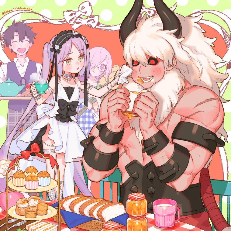 エウリュアレ(Fate) ,ぐだ男 ,マシュ・キリエライト(Fate) 「アステリオスとマーマレードピクニック?
#皿のめしとおやつ 」|皿のイラスト