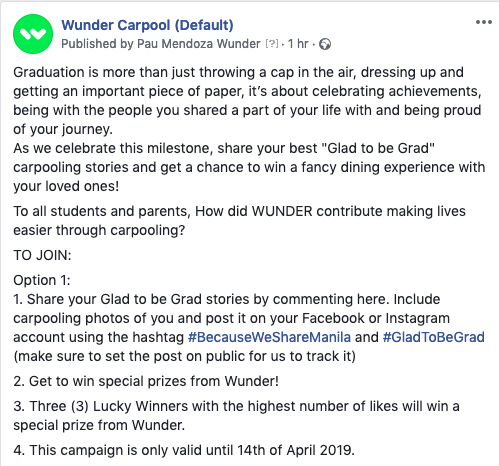WunderCarpoolPH's tweet photo. As we celebrate this milestone, share your best "Glad to be Grad" carpooling stories and get a chance to win a fancy dining experience with your loved ones!

To all students and parents, How did WUNDER contribute making lives easier through carpooling?

#GladToBeGrad https://t.co/NnJo0W5eey