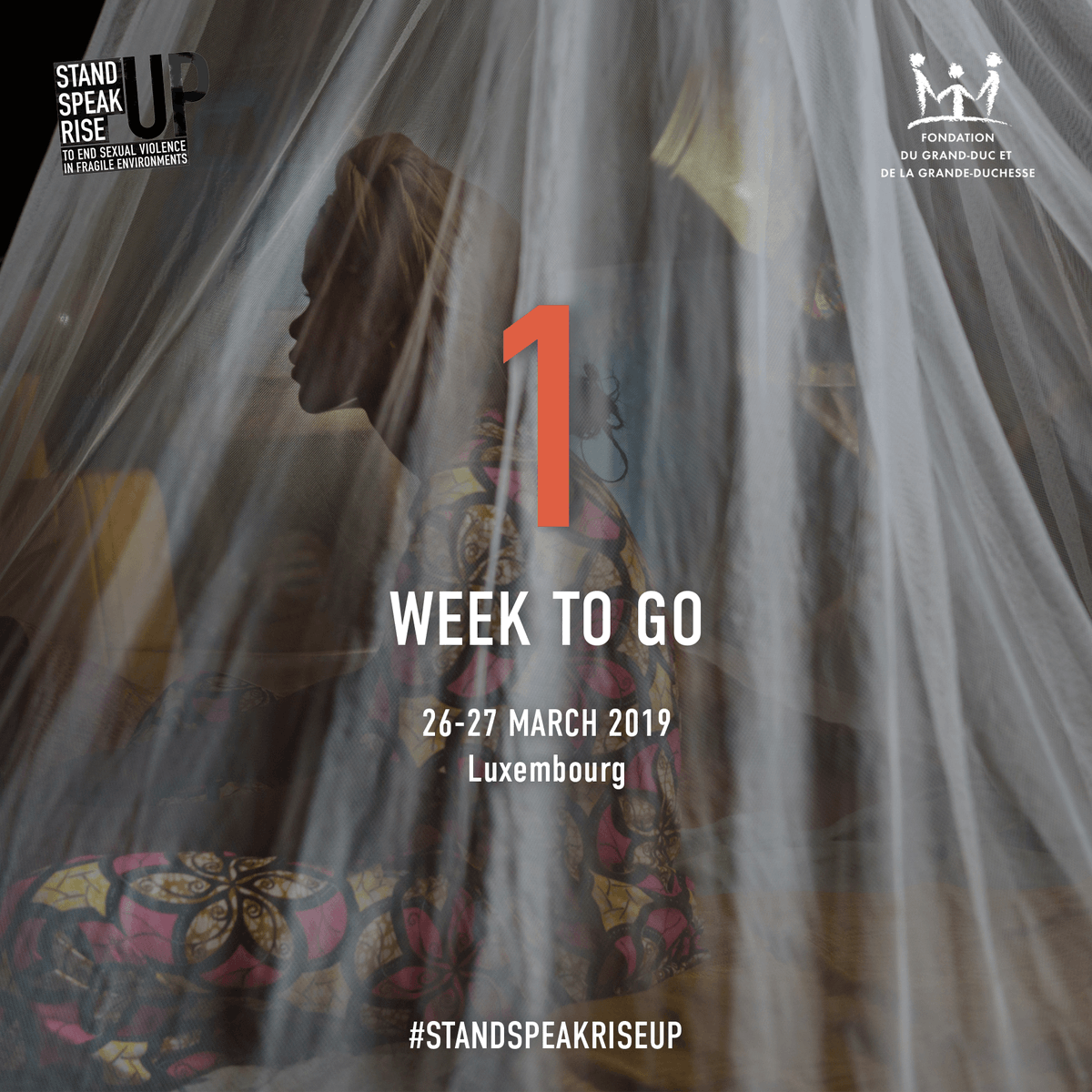 StandSpeakRise's tweet photo. Are you ready? 1 Week to go!

Stand Up with survivors, Speak Up for justice, Rise Up to end rape as a weapon.

#StandSpeakRiseUp on March 26-27 in #Luxembourg https://t.co/KtrWmSQklP