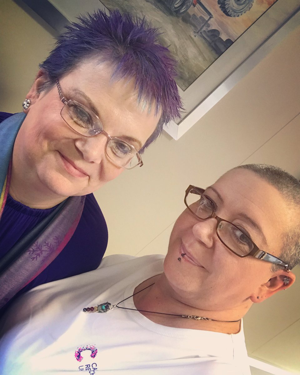 TeamT_and_C's tweet photo. It's done! @Menelope73 #charityheadshave was a huge success, with no tears shed 🥰This is Melanie with her friend Debbie, the inspiration behind the event! Total raised so far is an amazing £1140 for @CR_UK 
#cancerrightnow #beatingcancersooner
https://t.co/P8qoZKFLuF https://t.co/hgvzw2f27i