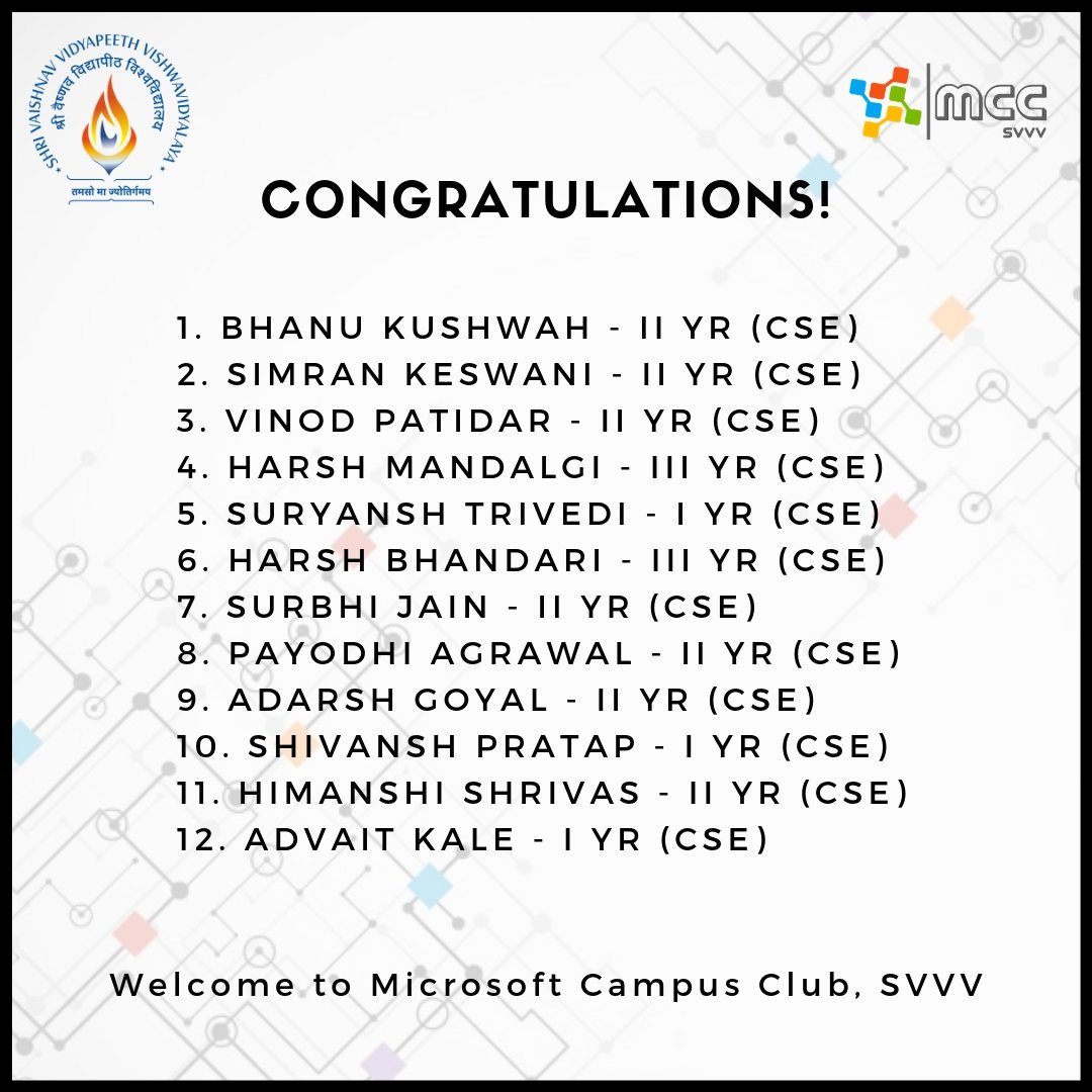 MCC_SVVV's tweet photo. Congratulations to all the new Candidates for being selected to become a Member of Microsoft Campus Club of Shri Vaishnav Vidhyapeeth Vishwavidhyalaya.

Let us all look forward to Work with each other &amp; reach new horizons of our imagination &amp; intellect!

#MCC #svvv #mccsvvv https://t.co/fTPVH1recj
