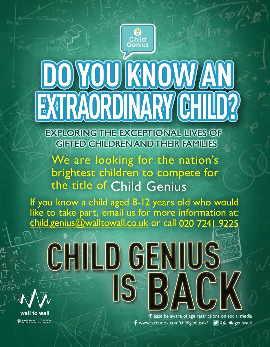 Hi <a href="/AusumS/">Lynne Worgan</a>  please RT? We are looking for children aged 8-12 years to take part in the new series of #ChildGenius and come to our exciting Open Day. Parents can email me on child.genius@walltowall.co.uk for more information. Thanks, Hayley