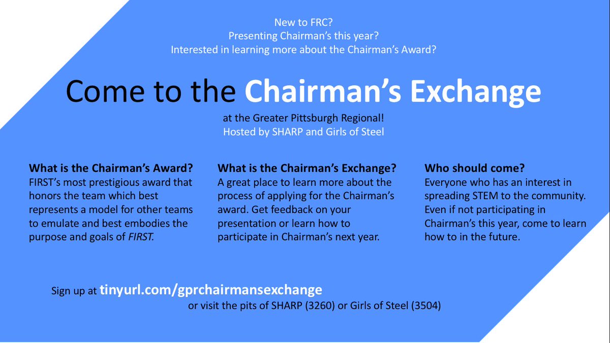 Come to the Chairman’s Exchange (ChEx) at GPR. Learn more about the Chairman’s process and get feedback on your own presentation. Hope to see you there!! Tinyurl.com/gprchairmansex…