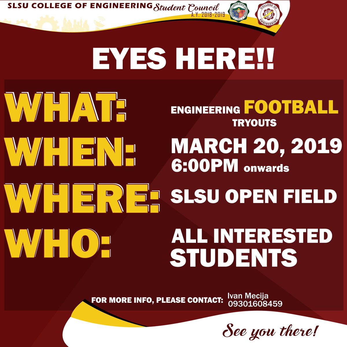 SLSUCEnSC's tweet photo. Want to be a part of the College of Engineering Football Team?

It's your time to shine!

See photo for details.

For more information, please contact:
Ivan Mecija (09301608459)

See you there! https://t.co/kTaPRDaz8n
