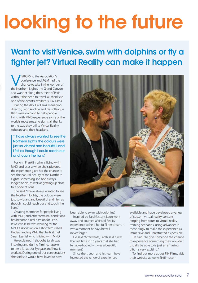 FlixFilmsUK's tweet photo. Don't know how we missed this but so pleased to be featured in The MNDA #Thumprint Magazine for delivering VR experiences @mndassoc Annual Conference last year! #VR4good #VRmoments #VR #thinkoutsidethebody  https://t.co/qHq8GNfSL6 https://t.co/7rEUaDfFCi