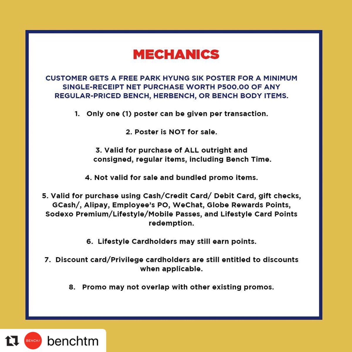ppcavengers's tweet photo. Free Park Hyung Sik BENCH poster with every PHP 500 purchase at select stores! Swipe the photos for more details!
#ParkHyungSik #박형식
#ParkHyungSikforBENCH #GlobalBENCHSetter
#PHSLovesBENCH
📸credit: @benchtm IG https://t.co/JAsZAZQFKW