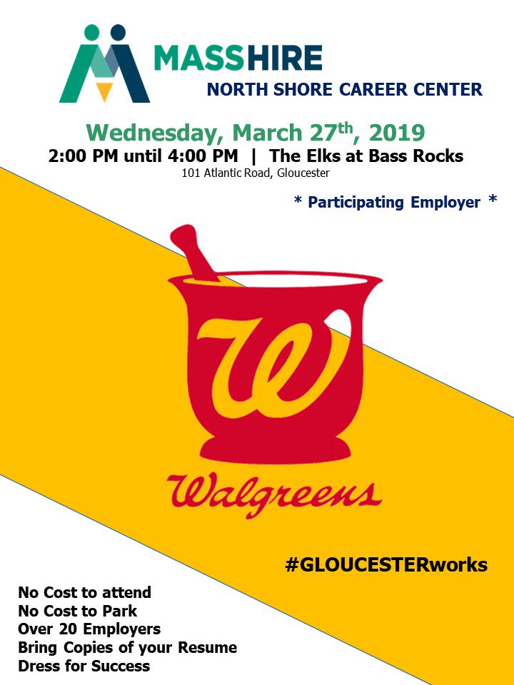 NSCareerCenters's tweet photo. Ever wondered what is needed to work at @Walgreens? Cape Ann Residents will have an opportunity to speak to a Walgreens recruiter! Bring Copies of your resume - Dress for Success!
@GDTnews @CapeAnnChamber - #GLOUCESTERworks https://t.co/eHohPoHoVY