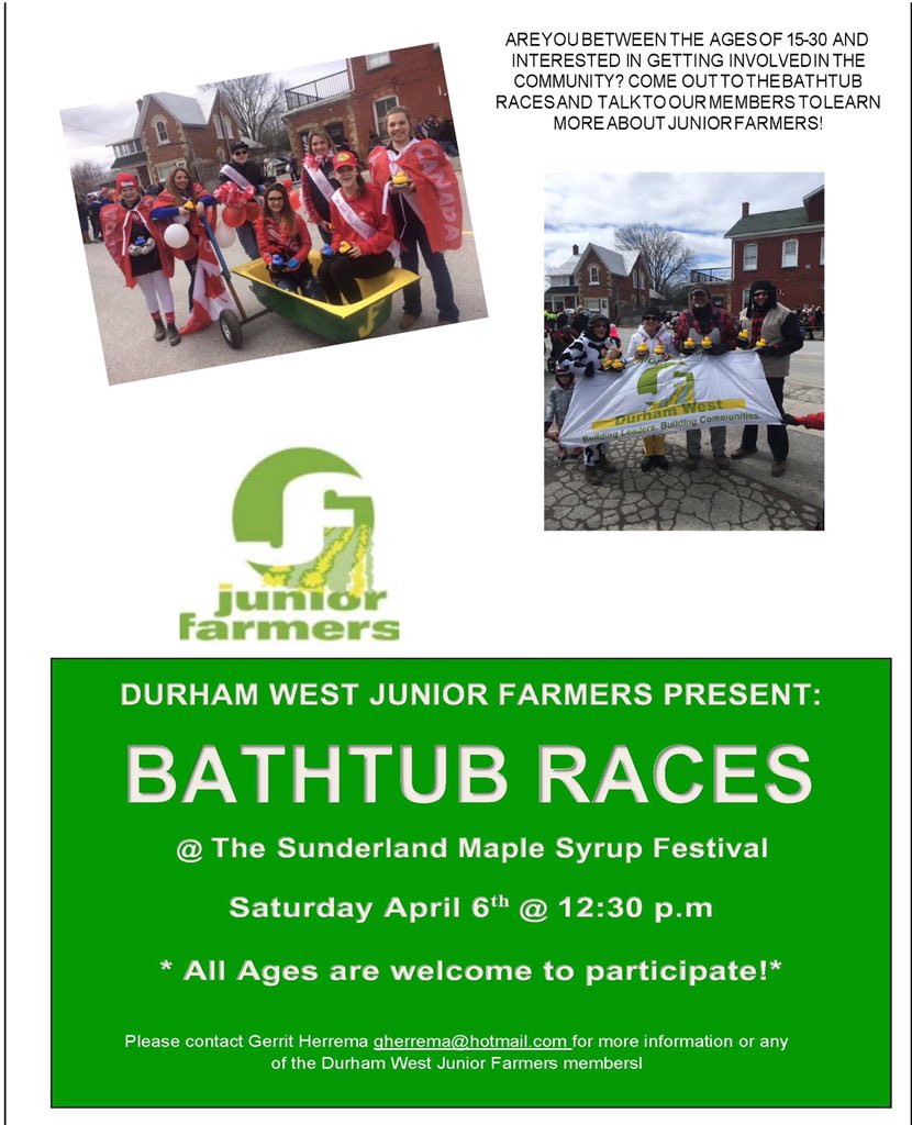 durhamregion_jf's tweet photo. Join us April 6 at the Sunderland Maple Syrup Festival for the annual Bathtub Races! We’re looking for teams of 4 to participate with a chance to win Best Dressed and/or Fastest Team! https://t.co/J1GmYwR5MD