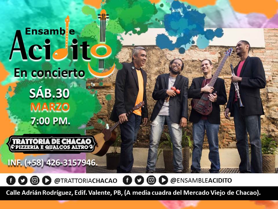 ¿Conocen la <a href="/trattoriachacao/">Trattoria de Chacao</a>? Excelente lugar para comer y disfrutar de música en vivo. ¡Allí los esperamos! el sábado 30. Información de las entradas al: 0426.3157946. #músicaenvivo #chacao #trattoriachacao #músicatradicional #folklore #ensambleacidito
