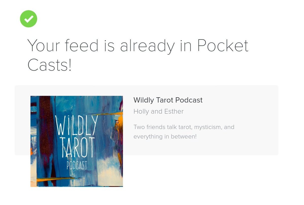 WildlyTarotPod's tweet photo. Hey @pocketcasts, a listener came to us saying they couldn't find us in your directory but it says we are already submitted? They would love to continue using your app but I am at a loss on how to help further. Can you help please? https://t.co/MX8G5SJUkf