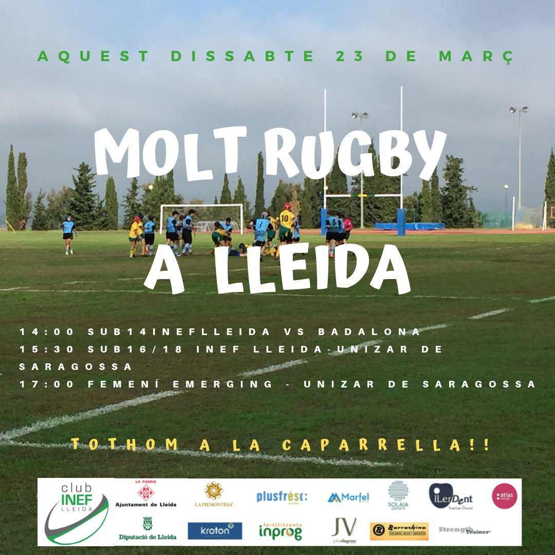 Un dissabte ple de rugby!! Veniu al nostre camp a conèixer el rugby i acompanyar als nostres equips...segur que repetiu !! <a href="/segrecom_esp/">SEGRE Esports</a> <a href="/esports_lleida/">Esports Lleida</a>  <a href="/DiputacioLleida/">Diputació de Lleida</a> <a href="/rugby_cat/">Federació Catalana de Rugby</a>  @RugbySpainCom